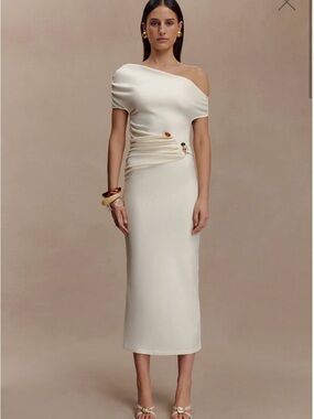 Meshki One-Shoulder Cream Midi Dress with Draped Waist